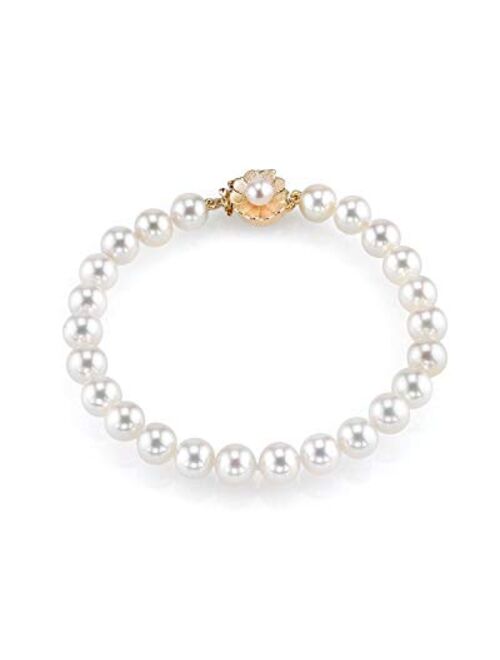 THE PEARL SOURCE 14K Gold 8-9mm AAA Quality Round White Freshwater Cultured Pearl Flower Clasp Bracelet for Women
