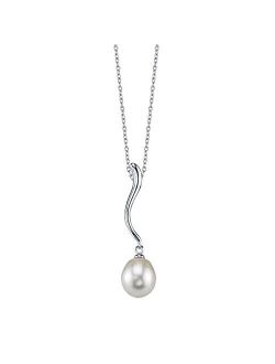 9-10mm Genuine White Freshwater Cultured Pearl Curve Pendant Necklace for Women