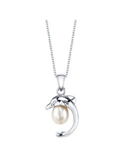7-8mm Genuine White Freshwater Cultured Pearl & Cubic Zirconia Dolphin Pendant Necklace for Women