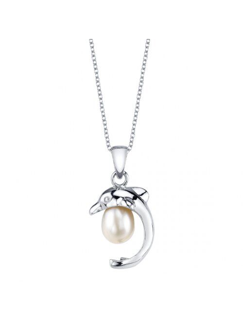 THE PEARL SOURCE 7-8mm Genuine White Freshwater Cultured Pearl & Cubic Zirconia Dolphin Pendant Necklace for Women
