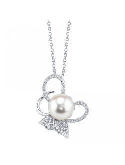 9-10mm Genuine White Freshwater Cultured Pearl & Cubic Zirconia Summer Pendant Necklace for Women