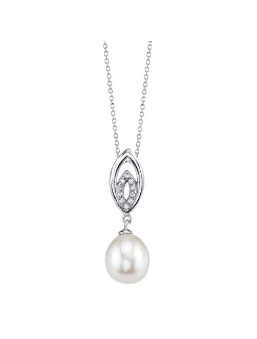 THE PEARL SOURCE 9-10mm Genuine White Freshwater Cultured Pearl & Cubic Zirconia Yael Pendant Necklace for Women