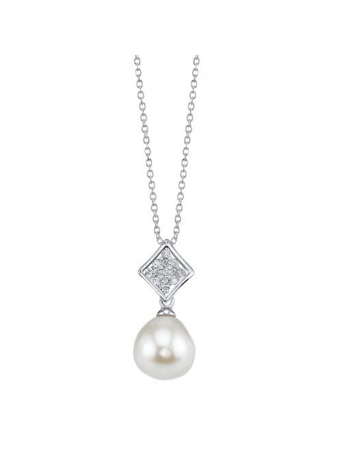THE PEARL SOURCE 8-9mm Genuine White Freshwater Cultured Pearl & Cubic Zirconia Kaylee Pendant Necklace for Women