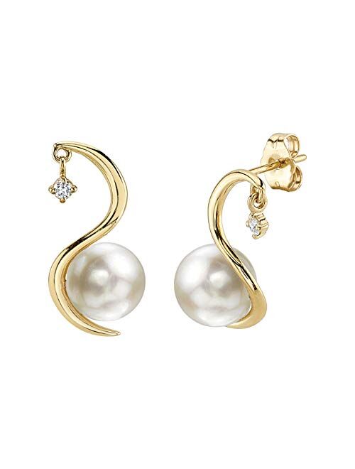 THE PEARL SOURCE 14K Gold 8-9mm Round White Freshwater Pearl & Diamond Ellis Earrings for Women