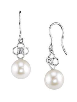 14K Gold Round White Akoya Cultured Pearl & Diamond Lacy Earrings for Women