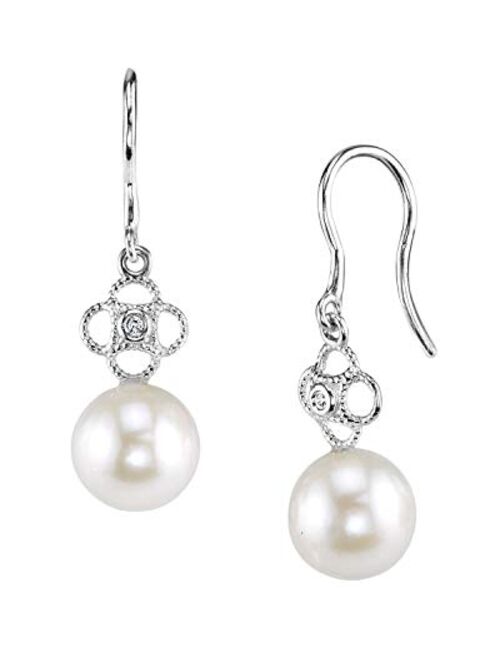 THE PEARL SOURCE 14K Gold Round White Akoya Cultured Pearl & Diamond Lacy Earrings for Women