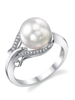 14K Gold 8.5-9mm Round Genuine White Akoya Cultured Pearl & Diamond Willow Ring for Women