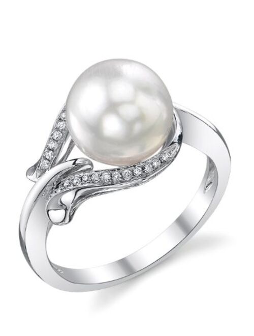 THE PEARL SOURCE 14K Gold 8.5-9mm Round Genuine White Akoya Cultured Pearl & Diamond Willow Ring for Women