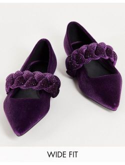 Wide Fit Liberty plaited pointed ballet flats in purple velvet