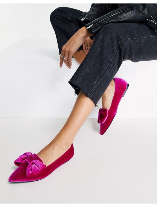 ASOS DESIGN Wide Fit Lake bow pointed ballet flats in pink velvet