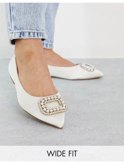 Wide Fit Laura embellished pointed ballet flats in ivory satin