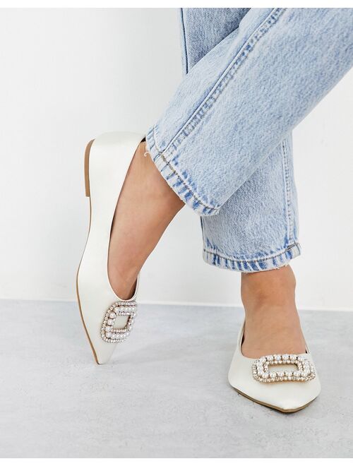 ASOS DESIGN Wide Fit Laura embellished pointed ballet flats in ivory satin