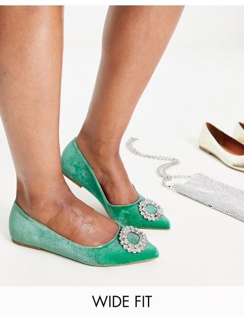 ASOS DESIGN Wide Fit Laura embellished pointed ballet flats in green velvet