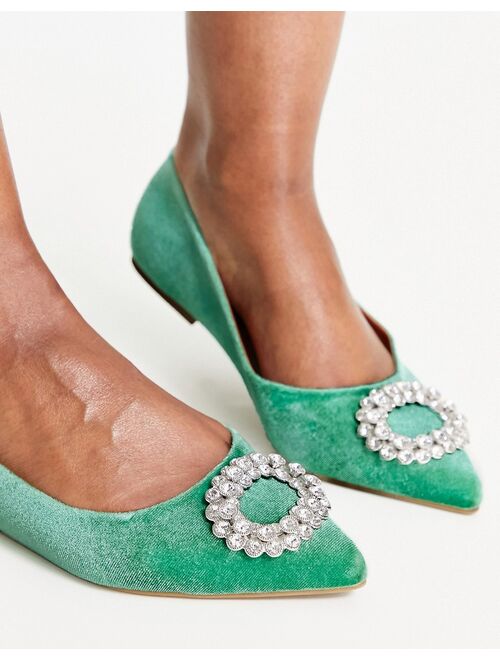 ASOS DESIGN Wide Fit Laura embellished pointed ballet flats in green velvet