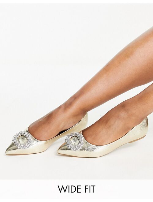 ASOS DESIGN Wide Fit Laura embellished pointed ballet flats in gold metallic