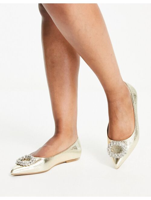 ASOS DESIGN Wide Fit Laura embellished pointed ballet flats in gold metallic