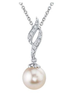 14k Gold Round White Akoya Cultured Pearl & Diamond Suzanna Pendant Necklace for Women