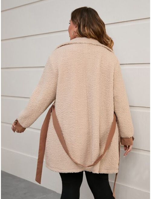 Shein Plus Drop Shoulder Belted Teddy Coat