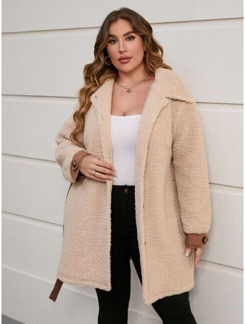 Shein Plus Drop Shoulder Belted Teddy Coat
