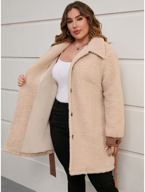 Shein Plus Drop Shoulder Belted Teddy Coat