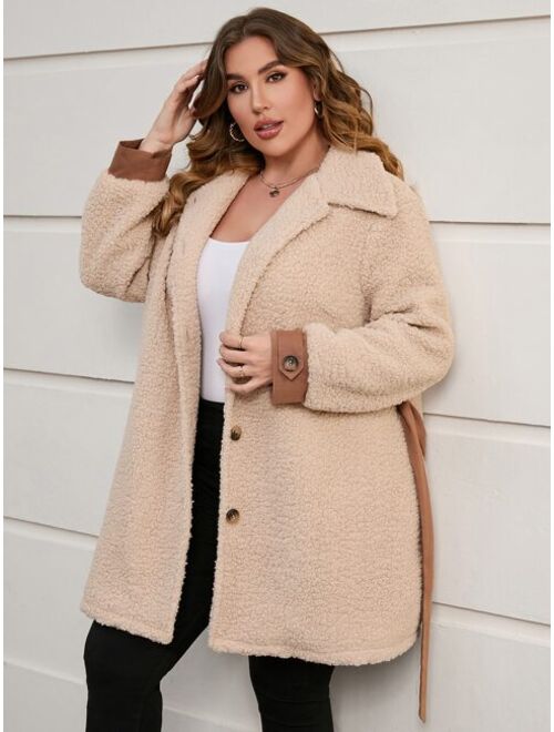 Shein Plus Drop Shoulder Belted Teddy Coat