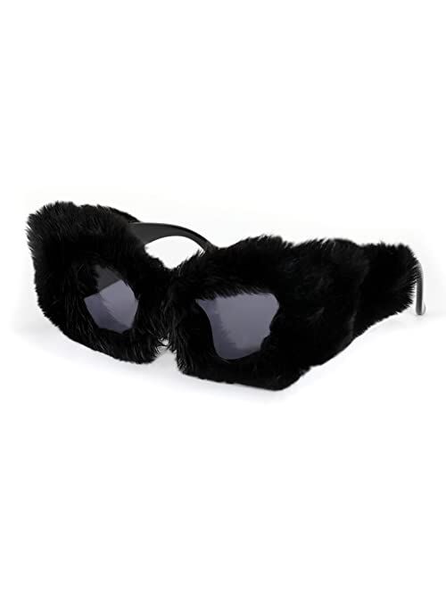 FEISEDY Women Plush Fuzzy Cat Eye Sunglasses Punk Soft Velvet Shades Ladies Handmade Party Masquerade Eyewear B2877