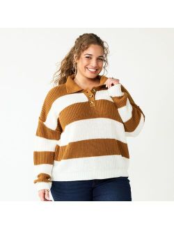 Juniors' Plus Size SO Collared Varsity Henley Pullover