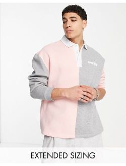 oversized rugby sweatshirt in gray heather and pink with print