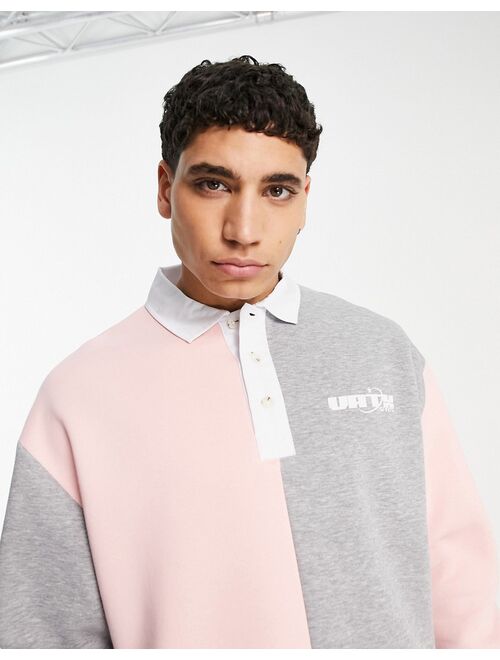 ASOS DESIGN oversized rugby sweatshirt in gray heather and pink with print