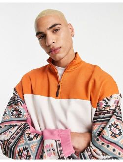 oversized half zip festival sweatshirt in brown blocking with print