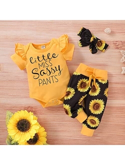 Cabucale Cotton Sunflower Printed Baby Gril Pant set With Hair Band