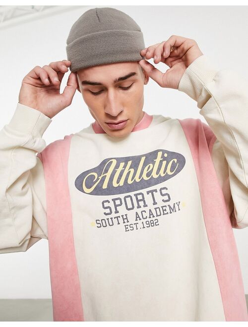 ASOS DESIGN oversized sweatshirt in beige and red color block with collegiate print & wash