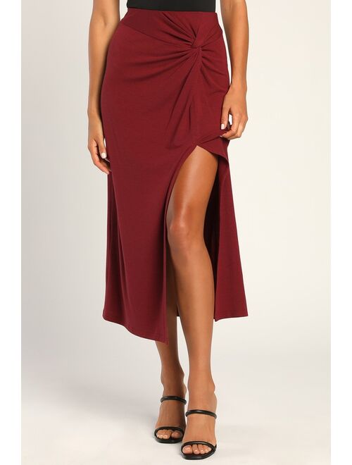 Lulus Simply in Style Wine Red Twist-Front Slit Midi Skirt