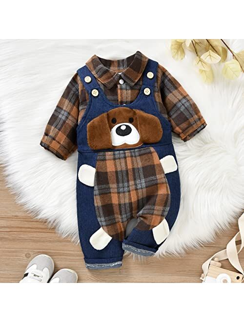 ODASIRA Baby Boy Clothes Infant Outfits Long Sleeve Plaid Bodysuit Romper + Jeans Overalls Jumpsuit Pants Sets