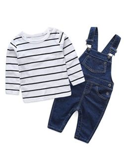 Abolai Cute Baby Boys Clothes Toddler Jumpsuit Rompers Jean Overalls Set with Stripe T-Shirt
