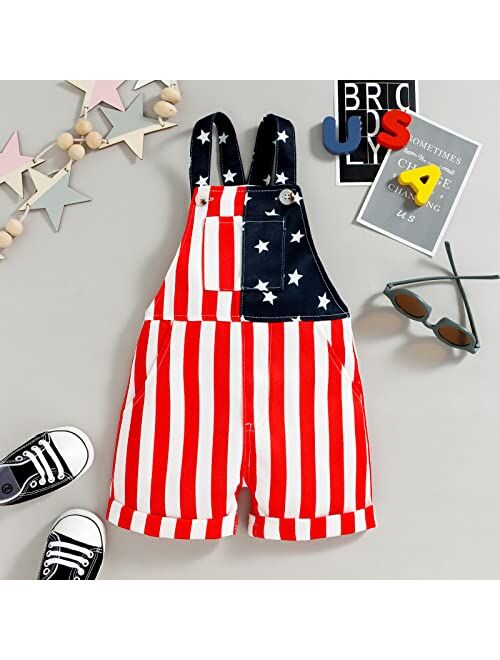 Noubeau 4th of July Unisex Baby Girl Boy Bib Overalls American Flag Romper Strap Jumpsuits Casual Pocket Shorts Patriotic Outfit
