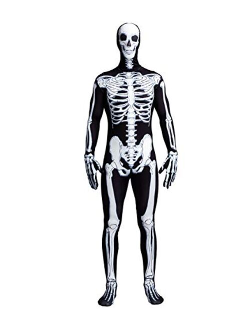 Spooktacular Creations Skeleton Bone Bodysuit Halloween Costumes 2nd Skin for Men with Skeleton Hood Mask