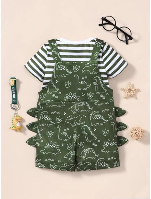 Shein Baby Striped Bodysuit Dinosaur Print 3D Patched Overall Romper