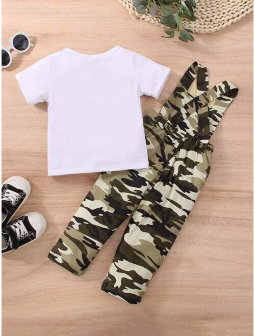 Shein Baby Solid Tee Camo Print Patched Pocket Overalls