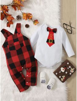 Baby Bow Front Bodysuit Buffalo Plaid Print Patched Pocket Overall Jumpsuit