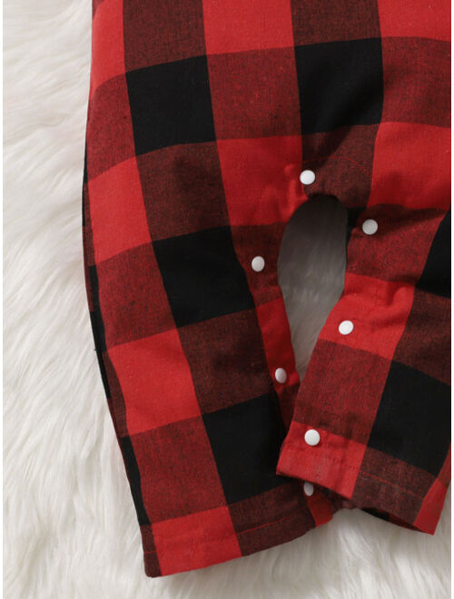 Shein Baby Bow Front Bodysuit Buffalo Plaid Print Patched Pocket Overall Jumpsuit