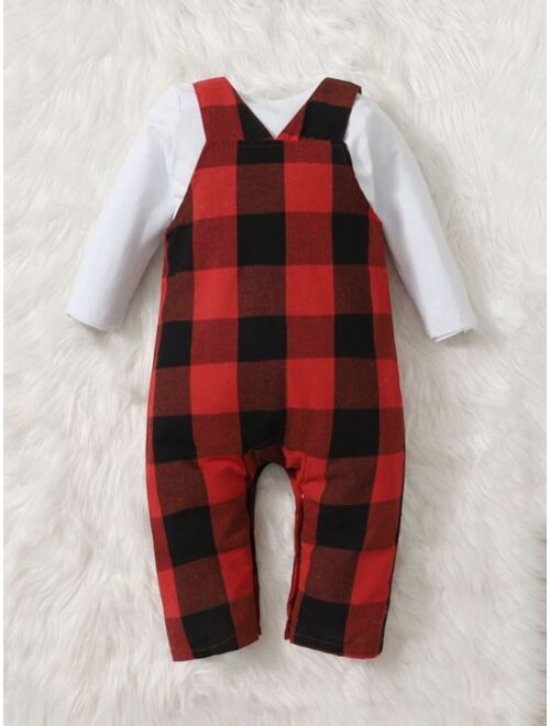 Shein Baby Bow Front Bodysuit Buffalo Plaid Print Patched Pocket Overall Jumpsuit