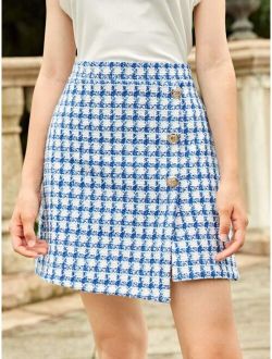 Teen Girls Plaid Button Detail Tweed Skirt