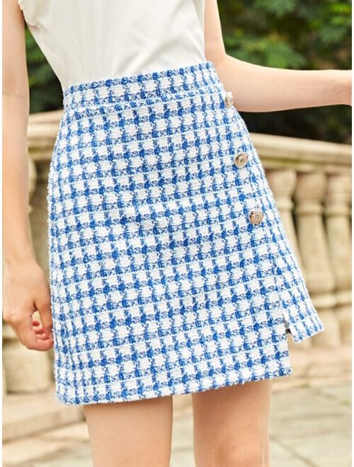 SHEIN Teen Girls Plaid Button Detail Tweed Skirt