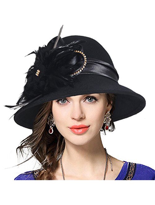 VECRY Women's Wool Church Dress Cloche Hat Plumy Felt Bucket Winter Hat