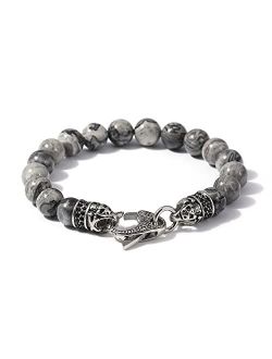 Starmond Mens Beaded Bracelets Gifts: 10mm Jasper Mens Bracelet Beads with Stainless Steel Skull Design and Lobster Clasps as Mens Jewelry Gift of Anxiety Bracelets and S