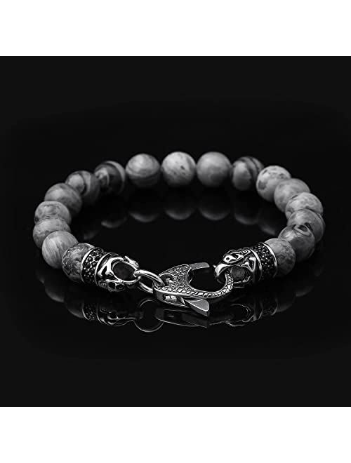 Starmond Mens Beaded Bracelets Gifts: 10mm Jasper Mens Bracelet Beads with Stainless Steel Skull Design and Lobster Clasps as Mens Jewelry Gift of Anxiety Bracelets and S