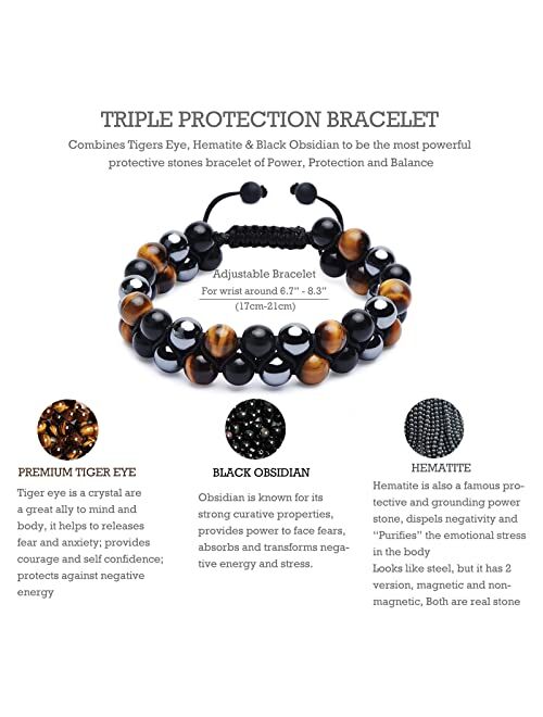 HASKARE Triple Protection Bracelet, Genuine Tigers Eye Black Obsidian and Hematite 8mm Beads Bracelet for Men Women, Crystal Jewelry Healing Bracelets Bring Luck and Pros