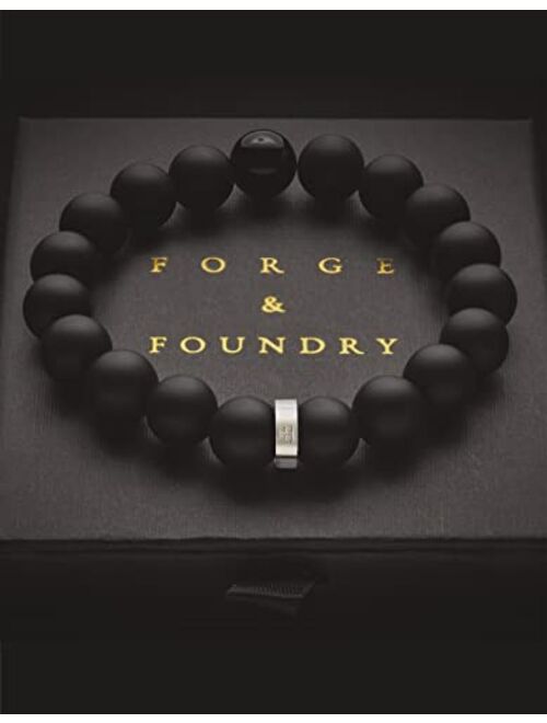 Forge & Foundry Mens 10mm Matte Black Solid Onyx Beaded Bracelet | Polished 18K Gold Plated or Polished Stainless Steel Signature Bead and Single Gloss Bead | "Andalus" |