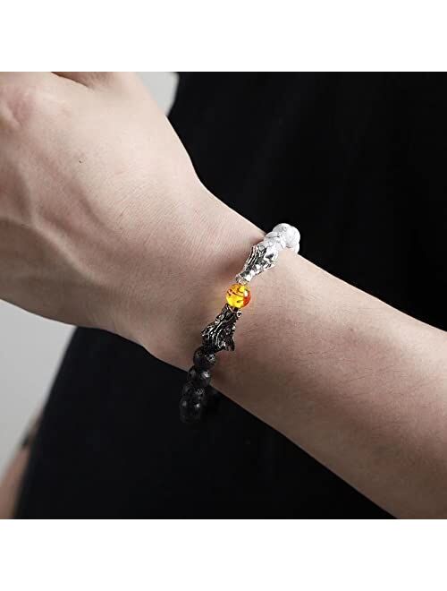 N-A Bead Bracelets for Men and Women Natural Black Lava & White Howlite Buddha Dragon Beaded Stone Bracelet Good Luck Charm Jewelry Gift Adjustable